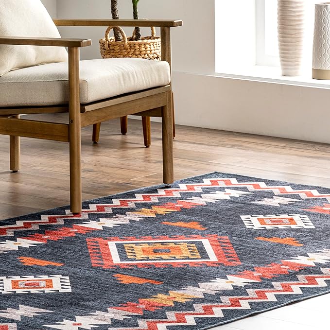 nuLOOM Jayde Machine Washable Southwestern Diamond Ultra Thin Area Rug, 5x8, Navy - LeafyLoom