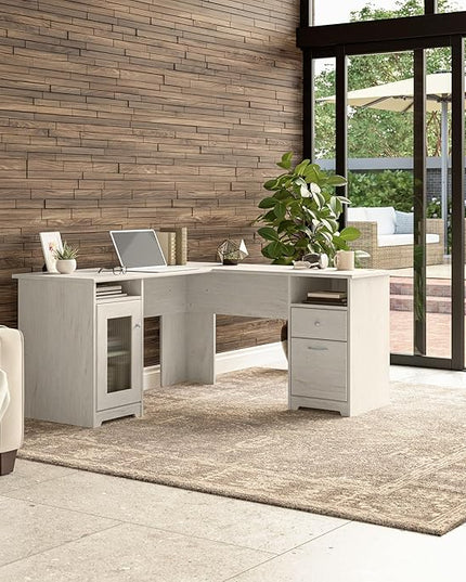 Bush Furniture Cabot 60W L Shaped Computer Desk with Storage in Linen White Oak - LeafyLoom