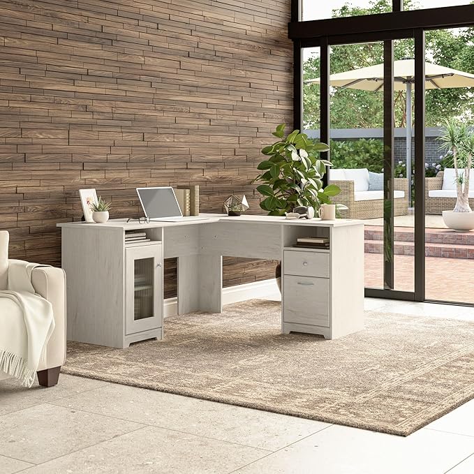 Bush Furniture Cabot 60W L Shaped Computer Desk with Storage in Linen White Oak - LeafyLoom