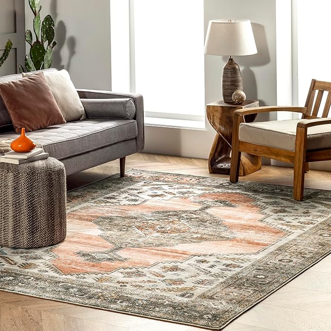 nuLOOM Gracie Distressed Medallion Machine Washable Ultra Thin Accent Rug, 2' x 3', Peach - LeafyLoom