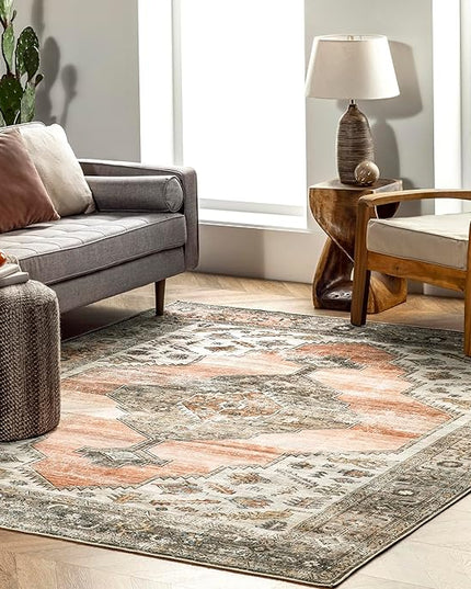 nuLOOM Gracie Distressed Medallion Machine Washable Ultra Thin Area Rug, 8x10, Peach - LeafyLoom