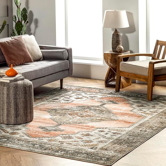 nuLOOM Gracie Distressed Medallion Machine Washable Ultra Thin Area Rug, 8x10, Peach - LeafyLoom