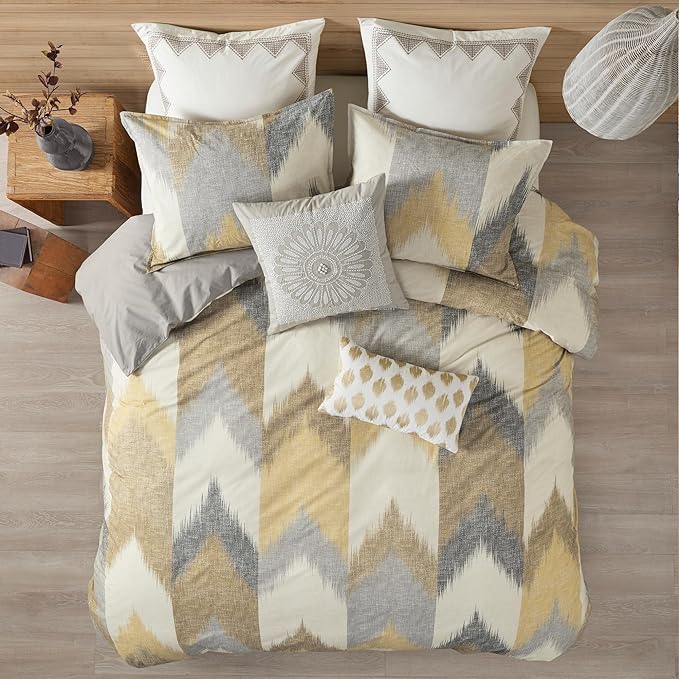 INK+IVY Queen Size Comforter Set, Cozy Cotton Comforter, All Season, Lightweight Comforter Queen Bed Set with 2 Matching Shams, Modern Cabin Lodge Ikat Chevron Design, Yellow Full/Queen 3 Piece - LeafyLoom