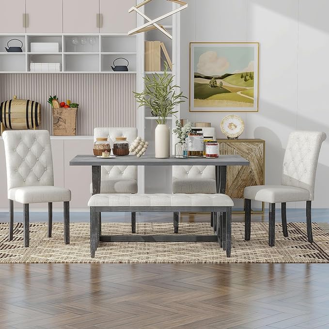 Retro Rectangular Unique Legs and 4 Upholstered Chairs & 1 Bench, Easy Assembly, Room, Kitchen, Gray Wash, 6 Piece Dining Table Set - LeafyLoom