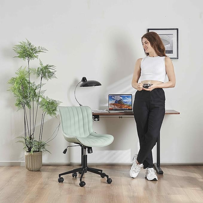 YOUNIKE Armless Office Chair Swivel Desk Chair, Upholstered Leather Computer Gaming Chair with Wheels, Adjustable Modern Rolling Task Chair Mid Back, Mint Green - LeafyLoom