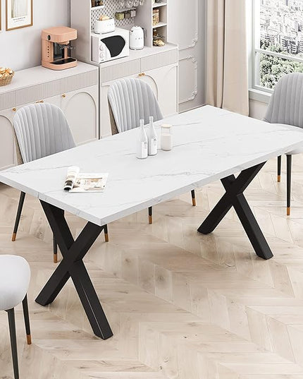 NicBex Dining Table Contemporary Kitchen Table Farmhouse Rustic 70.87" Square Dining Table with Printed White Marble Table Top+Black X-Shape Table Leg Rectangular Dining Table, White - LeafyLoom