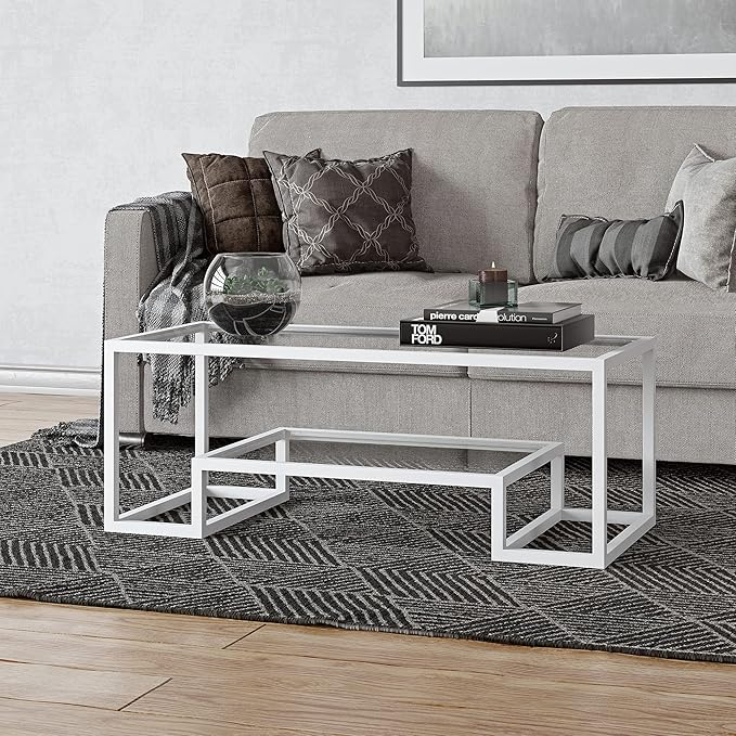 Henn&Hart 45" Wide Rectangular Coffee Table in White, Modern coffee tables for living room, studio apartment essentials - LeafyLoom