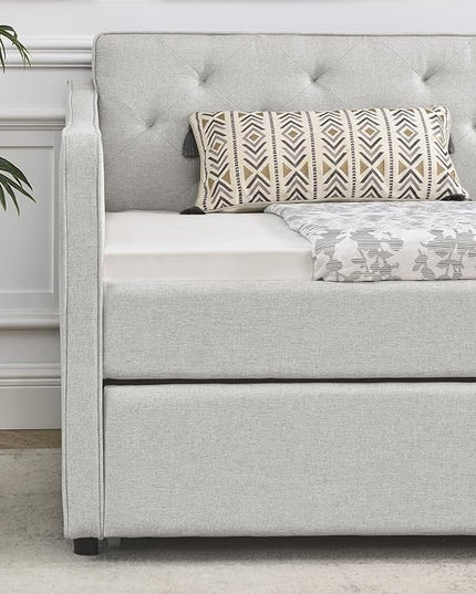 Upholstered Twin Size Daybed with Twin Trundle, Solid Wood Sofa Bed w/Button Tufted Backrest and Waved Shape Arms, for Kids, Living Room, Bedroom, Dorm, No Box Spring Needed, Beige - LeafyLoom