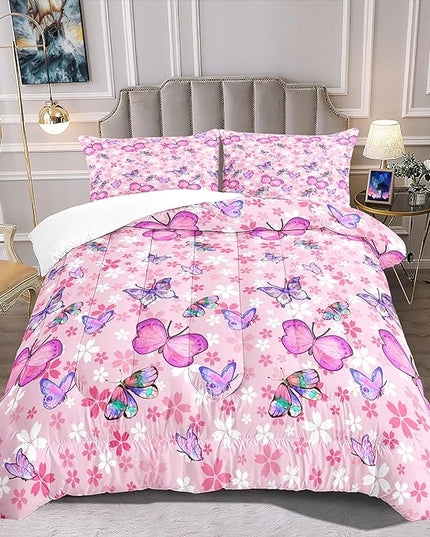 Kids Butterfly Comforter Set - Butterfly Queen Bedding Set Pink Butterflies Prints Bedding Set for Girls Room Cute Princess Bedding Set for All Season Butterfly Bed Set, 1 Comforter + 2 Pillowcases - LeafyLoom