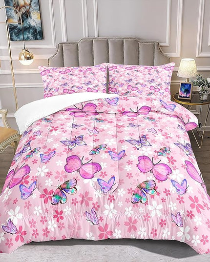 Kids Butterfly Comforter Set - Butterfly Full Bedding Set Pink Butterflies Prints Bedding Set for Girls Room Cute Princess Bedding Sets for All Season Butterfly Bed Set, 1 Comforter + 2 Pillowcases - LeafyLoom