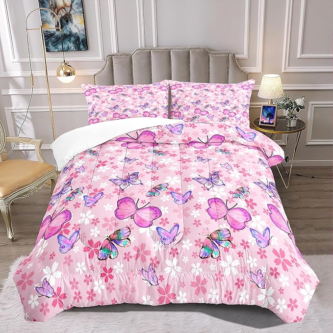 Kids Butterfly Comforter Set - Butterfly Full Bedding Set Pink Butterflies Prints Bedding Set for Girls Room Cute Princess Bedding Sets for All Season Butterfly Bed Set, 1 Comforter + 2 Pillowcases - LeafyLoom