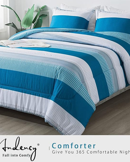 Andency Stripe Comforter Set Twin Size (66x90 Inch), 2 Pieces Teal Patchwork Striped Comforter, Soft Microfiber Down Alternative Comforter Bedding Set with Corner Loops - LeafyLoom