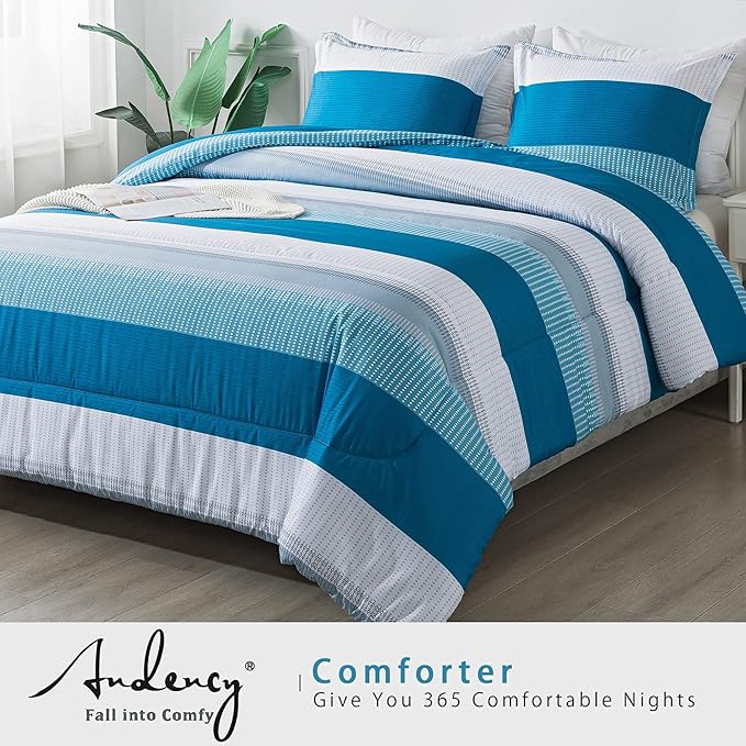 Andency Stripe Comforter Set King Size (104x90 Inch), 3 Pieces Teal Patchwork Striped Comforter, Soft Microfiber Down Alternative Comforter Bedding Set with Corner Loops - LeafyLoom