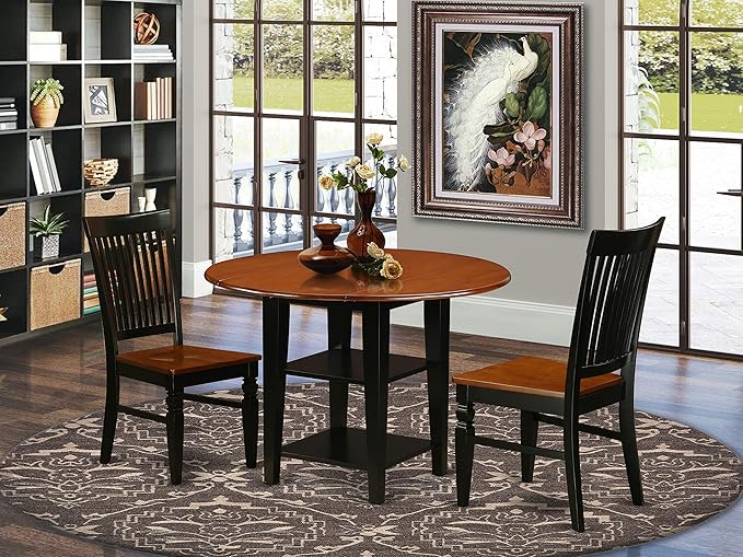 East West Furniture SUWE3-BCH-W 3 Piece Room Furniture Set Contains a Round Kitchen Table with Dropleaf & Shelves and 2 Dining Chairs, 42x42 Inch, Black & Cherry - LeafyLoom