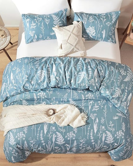 JANZAA Queen Comforter Set Floral Comforter Sets Queen Size Bedding Set Mineral Blue Comforter for All Season with 2 Pillow Shams Cute and Comfortable - LeafyLoom