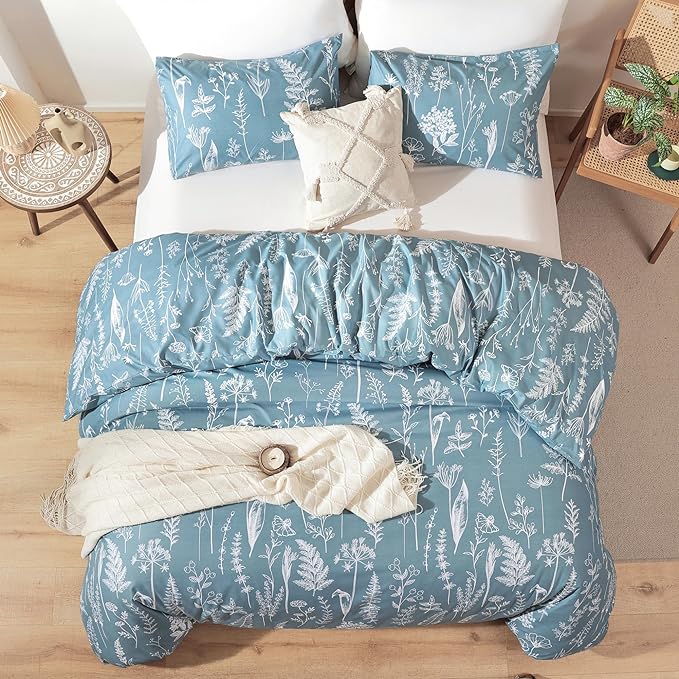 JANZAA Queen Comforter Set Floral Comforter Sets Queen Size Bedding Set Mineral Blue Comforter for All Season with 2 Pillow Shams Cute and Comfortable - LeafyLoom