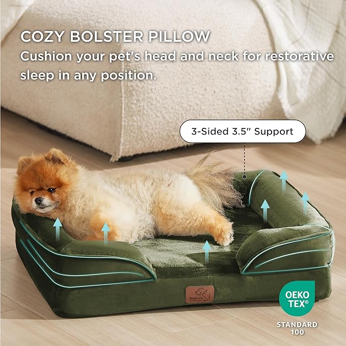 Bedsure Small Orthopedic Dog Bed - Washable Bolster Dog Sofa Beds for Small Dogs, Supportive Foam Pet Couch Bed with Removable Washable Cover, Waterproof Lining and Nonskid Bottom Couch, Winter Moss BEDSURE