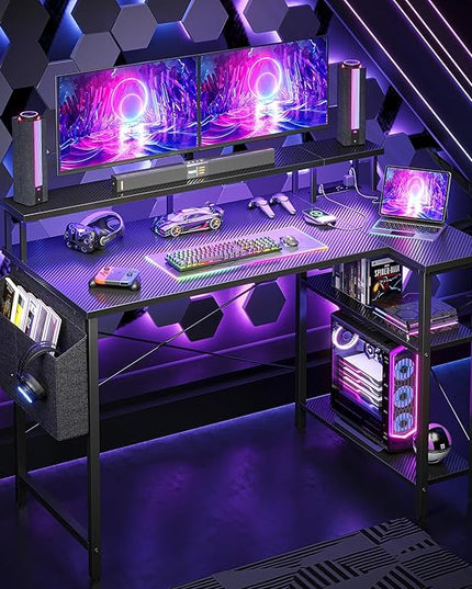 Gaming Desk with Power Outlets and LED Lights, 47 Inch L Shaped Computer Desk with Monitor Stand and Storage Shelves, Corner Desk Small Computer Table Desk for Home Office, Carbon Fiber Black - LeafyLoom