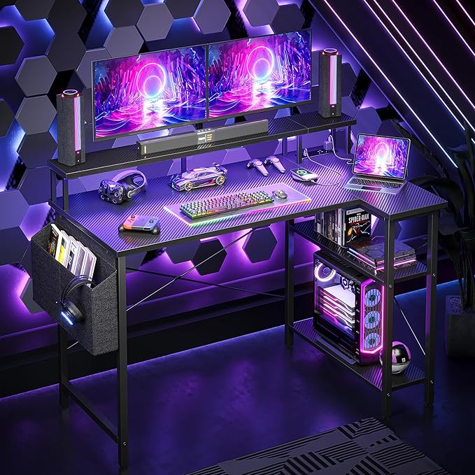 Gaming Desk with Power Outlets and LED Lights, 47 Inch L Shaped Computer Desk with Monitor Stand and Storage Shelves, Corner Desk Small Computer Table Desk for Home Office, Carbon Fiber Black - LeafyLoom