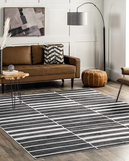 nuLOOM Henry Contemporary Striped Machine Washable Ultra Thin Area Rug, 5' x 8', Charcoal - LeafyLoom