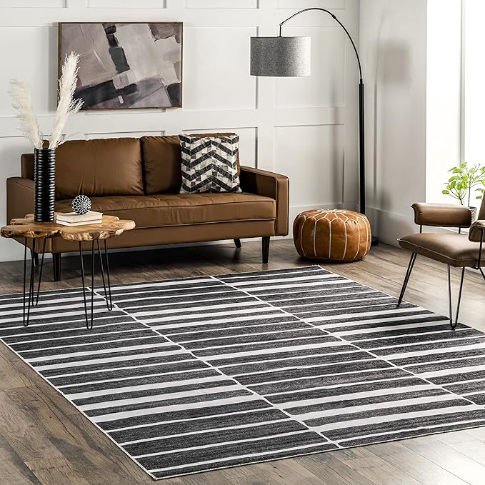 nuLOOM Henry Contemporary Striped Machine Washable Ultra Thin Area Rug, 8x10, Charcoal - LeafyLoom