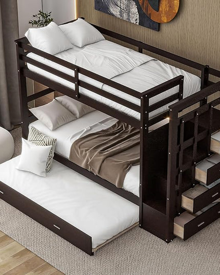 Twin Over Twin Bunk Bed with Stairs, 4 Storage Drawers and Trundle, Wooden Bunkbeds with Staircase and Full-Length Guardrails, for Kids/Teens/Adults, Espresso - LeafyLoom