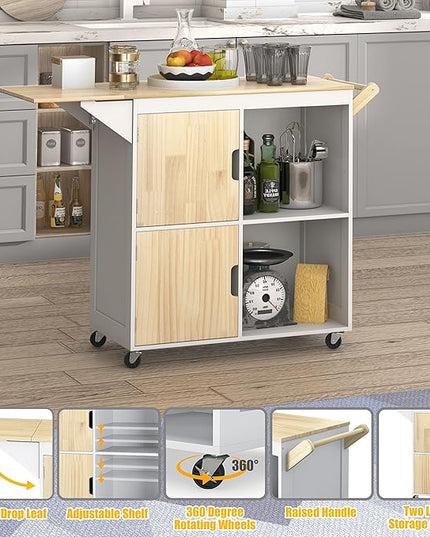 Usinso Rolling Kitchen Island, Kitchen Island Storage Cabinets on Wheels with Drop Leaf Countertop, Handle Racks, Caster Liquor Cart Suitable for Placing (White) - LeafyLoom