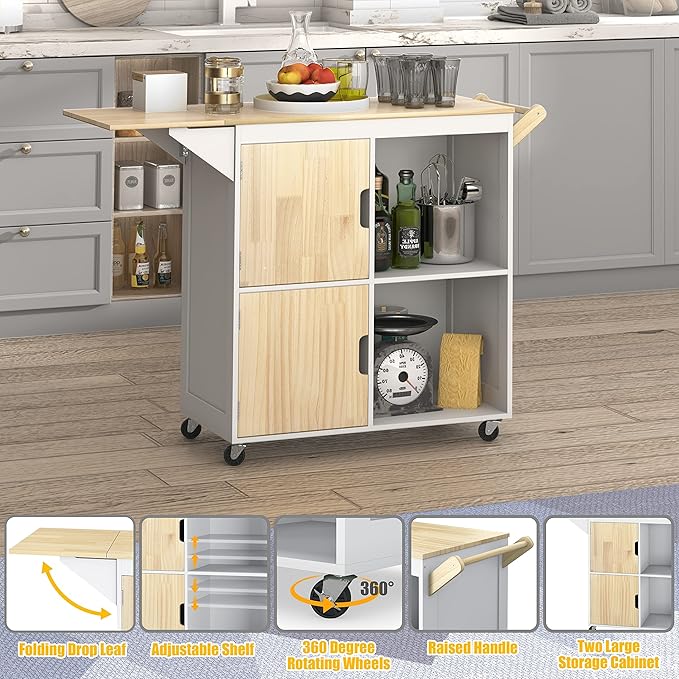 Usinso Rolling Kitchen Island, Kitchen Island Storage Cabinets on Wheels with Drop Leaf Countertop, Handle Racks, Caster Liquor Cart Suitable for Placing (White) - LeafyLoom
