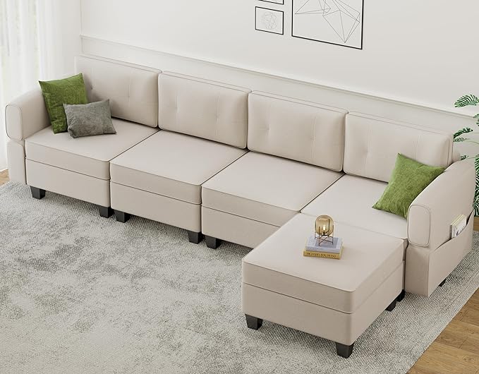 Modular Sectional Sofa, Convertible Sectional Couches for Living Room L Shaped Sectional Sofa Couch with Storage Ottoman, High Supportive 6 Seats Reversible Sectionals 113'' with Chaise, Beige - LeafyLoom