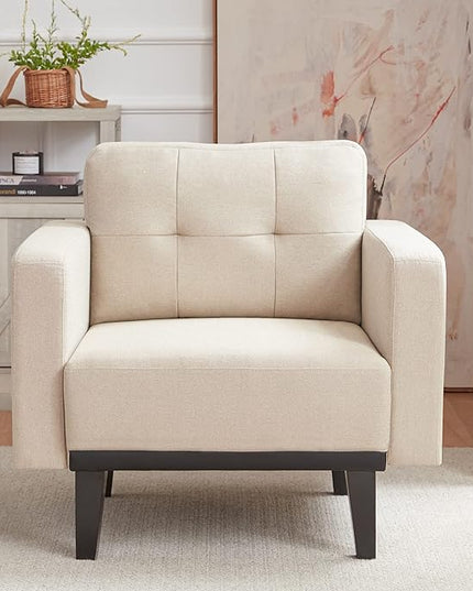 Mid-Century Accent Chair,Beige Linen Fabric Armchair for Living Room,Oversized Upholstered Single Sofa Chair for Bedroom Office Study,Comfy Accent Chairs with Wood Legs, Beige - LeafyLoom