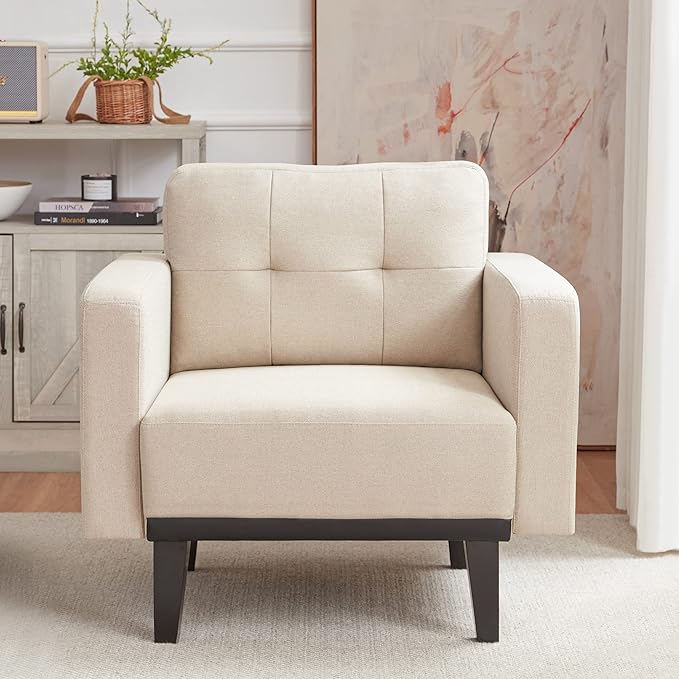 Mid-Century Accent Chair,Beige Linen Fabric Armchair for Living Room,Oversized Upholstered Single Sofa Chair for Bedroom Office Study,Comfy Accent Chairs with Wood Legs, Beige - LeafyLoom