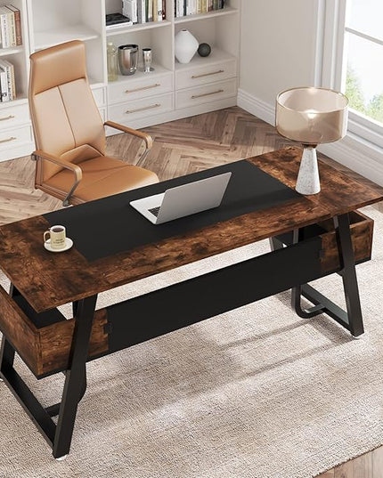 Tribesigns 63 inch Computer Desk Modern Office Desk with Shelf for Home Office, Large Writing Table Wood Business Workstation with Storage Shelves and Sturdy Metal Frame for Study Bedroom, Black Brown - LeafyLoom
