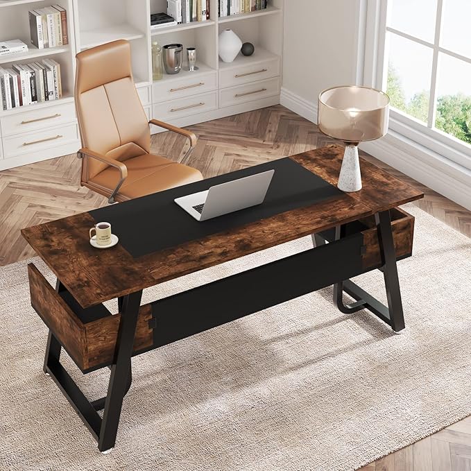 Tribesigns 63 inch Computer Desk Modern Office Desk with Shelf for Home Office, Large Writing Table Wood Business Workstation with Storage Shelves and Sturdy Metal Frame for Study Bedroom, Black Brown - LeafyLoom