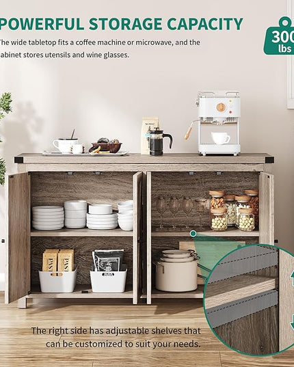 YITAHOME Buffet Cabinet with Storage, 55'' Modern Farmhouse Coffee Bar Cabinet w/4 Doors ＆Adjustable Shelf, Wood Large Kitchen Storage Cabinet with Barn Doors for Kitchen, Living Room, Grey-Brown - LeafyLoom