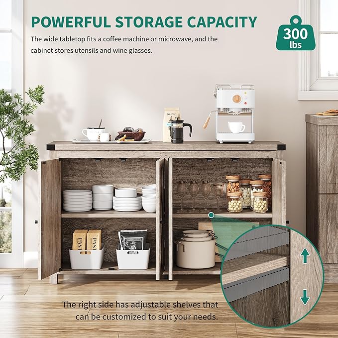 YITAHOME Buffet Cabinet with Storage, 55'' Modern Farmhouse Coffee Bar Cabinet w/4 Doors ＆Adjustable Shelf, Wood Large Kitchen Storage Cabinet with Barn Doors for Kitchen, Living Room, Grey-Brown - LeafyLoom