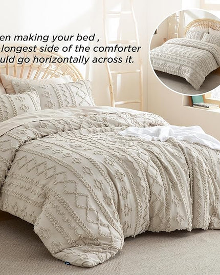 Bedsure Tufted Boho Comforter Set King - Linen Boho Bedding Comforter Set, 3 Pieces Farmhouse Shabby Chic Embroidery Bed Set, Soft Jacquard Comforter for Women Men Girls - LeafyLoom