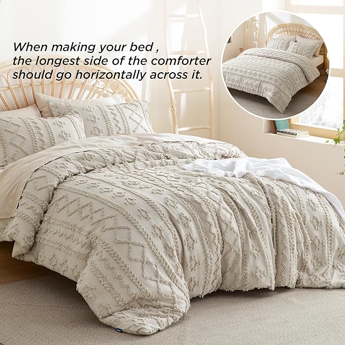Bedsure Tufted Boho Comforter Set King - Linen Boho Bedding Comforter Set, 3 Pieces Farmhouse Shabby Chic Embroidery Bed Set, Soft Jacquard Comforter for Women Men Girls - LeafyLoom