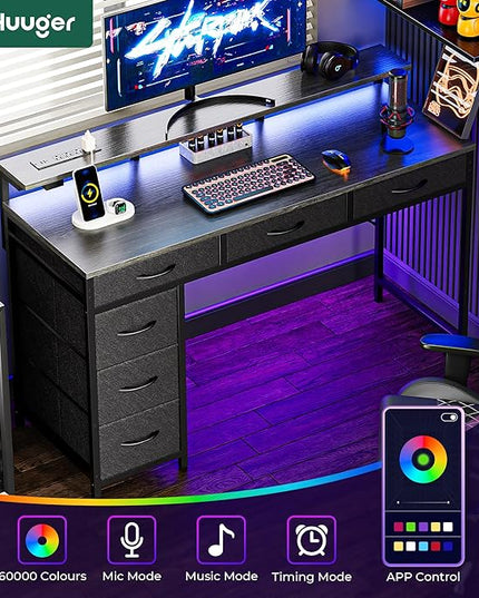 Gaming Desk with 6 Drawers, Computer Desk with LED Lights Power Outlets and Type-C, 47 Inch Office Desk with Storage, Monitor Stand, Writing Desk Work Desk for Home Office, Bedroom, Study, Grey - LeafyLoom
