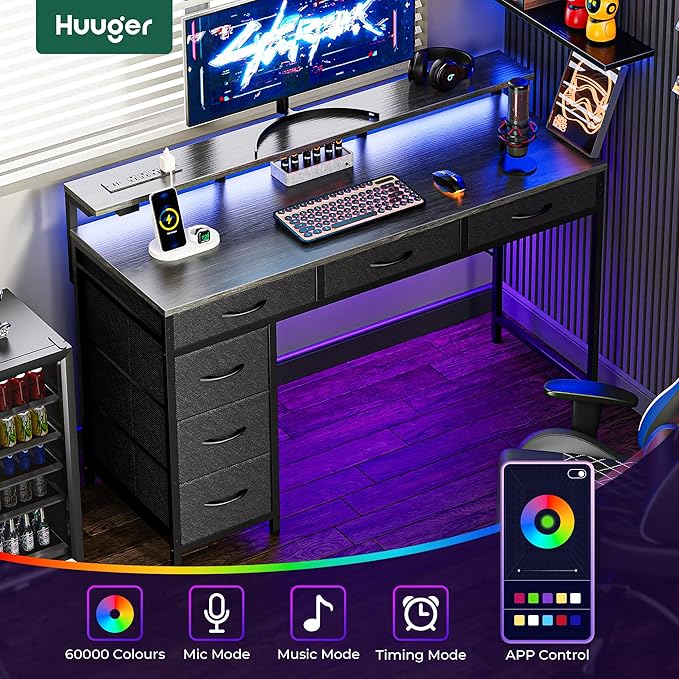 Gaming Desk with 6 Drawers, Computer Desk with LED Lights Power Outlets and Type-C, 47 Inch Office Desk with Storage, Monitor Stand, Writing Desk Work Desk for Home Office, Bedroom, Study, Grey - LeafyLoom