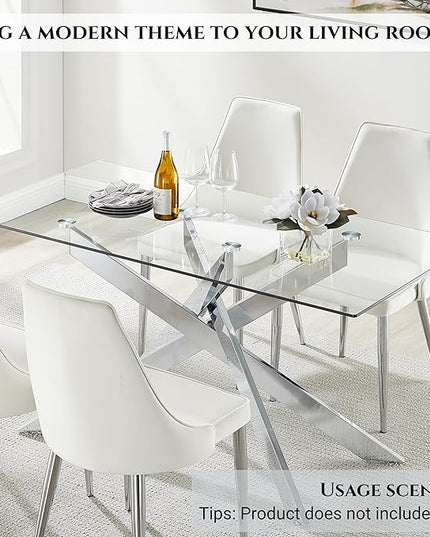 Edwin's Choice 58.5” Rectangle Glass Dining Table, Tempered Glass Tabletop and Metal Tubular Legs, Modern Style Table for Home, Kitchen, Dining Room 58.5”Lx29”Wx30”H, Silver - LeafyLoom