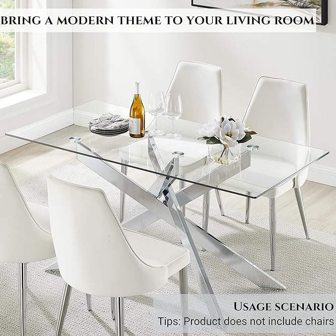 Edwin's Choice 58.5” Rectangle Glass Dining Table, Tempered Glass Tabletop and Metal Tubular Legs, Modern Style Table for Home, Kitchen, Dining Room 58.5”Lx29”Wx30”H, Silver - LeafyLoom