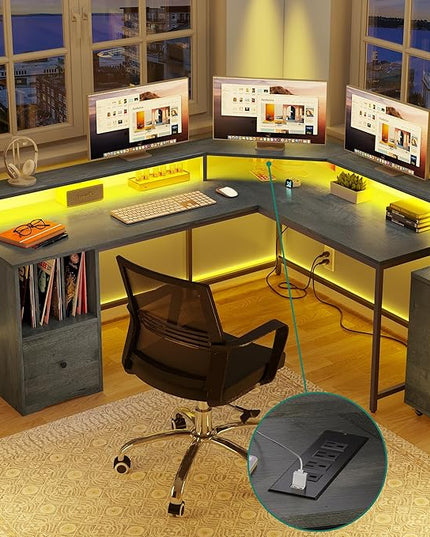 YITAHOME L Shaped Desk with Power Outlets & LED Lights, 67" Computer Desk with File Drawer, Corner Desk Home Office Desk with Monitor Stand & 3 Cubbies Storage Shelves, Grey - LeafyLoom