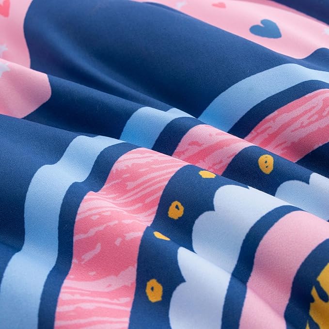 Btargot Lightweight Soft 3 Piece Rainbow Comforter Set with 2 Pillow Covers, Cartoon Love Hearts Suns and Stars Bedding Set for Girls Boys Kids, Queen Dark Blue - LeafyLoom