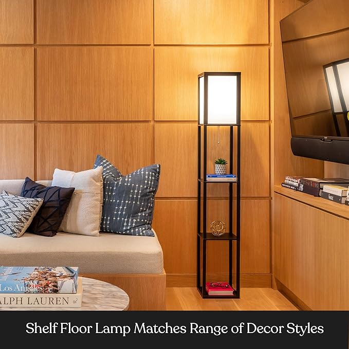Brightech Maxwell - Modern Shelf Floor Lamp with Shade and LED Bulb Corner Display Lamps Shelves for Living Room, Bedroom Office Black - LeafyLoom