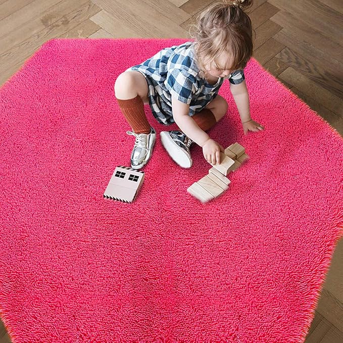 junovo Ultra Soft Rug for Nursery Children Room Baby Room Home Decor Dormitory Hexagon Carpet for Playhouse Princess Tent Kids Play Castle, Diameter 4.6 ft, Hot-pink - LeafyLoom