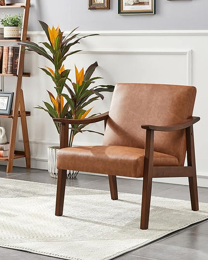 Yaheetech PU Leather Accent Chair, Mid-Century Modern Armchair with Solid Wood Legs, Reading Leisure Chair with High Back for Living Room Bedroom Waiting Room, Brown - LeafyLoom