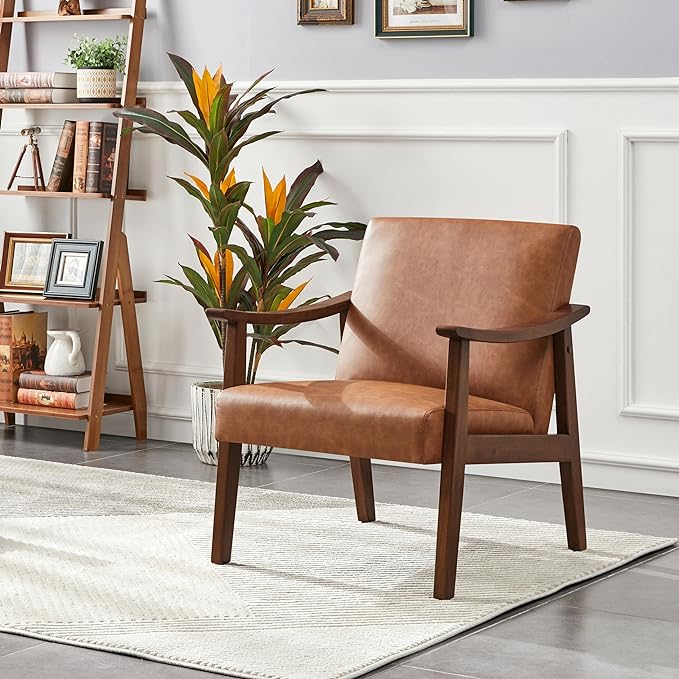 Yaheetech PU Leather Accent Chair, Mid-Century Modern Armchair with Solid Wood Legs, Reading Leisure Chair with High Back for Living Room Bedroom Waiting Room, Brown - LeafyLoom