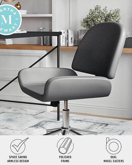 Martha Stewart Tyla Armless Swivel Task Chair for Home Office in Gray Faux Leather with Polished Nickel Frame - LeafyLoom