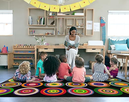 Flagship Carpets Color Rings Colorful Children's Area Rug for Kids Room Circle Seating Décor, Play Carpet for Teaching and Playing, Seats 24, 7'6" x 12', Black - LeafyLoom