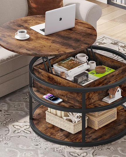 DWVO Round Coffee Tables for Living Room,Lift Top Coffee Table with Storage, Farmhouse Wood Coffee Table,Circle Coffee Tables Living Room for Home Office,Rustic Brown - LeafyLoom